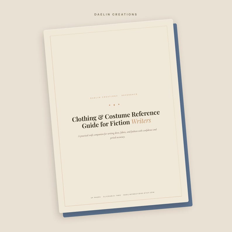 May include: A rectangular reference guide titled Clothing & Costume Reference Guide for Fiction Writers with a cream-colored cover, dark text, and a thin border. The document is layered over a solid dark blue backing sheet on a light background.