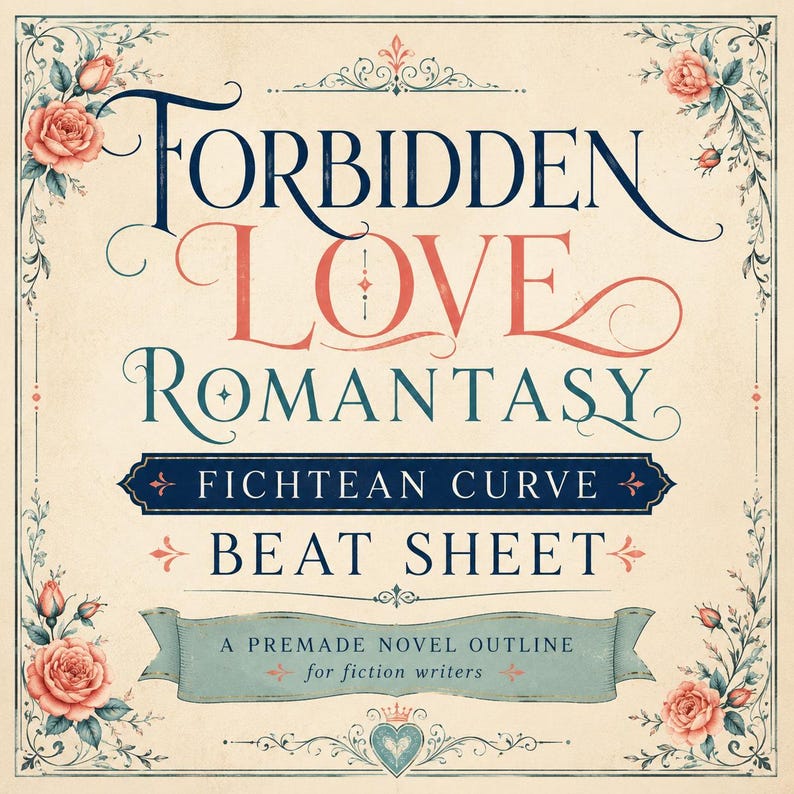 Op de afbeelding: Een vierkante grafische print met de tekst Forbidden Love Romantasy Fichtean Curve Beat Sheet A Premade Novel Outline for fiction writers. Het ontwerp bevat donkerblauwe en koraalkleurige letters en sierlijke bloemenranden met roze rozen.