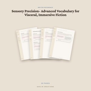 May include: A set of four white pages with text, titled Sensory Precision- Advanced Vocabulary for Visceral, Immersive Fiction. The document includes 30 pages and is labeled Daelin Creations. The pages are arranged in a fan-like display.