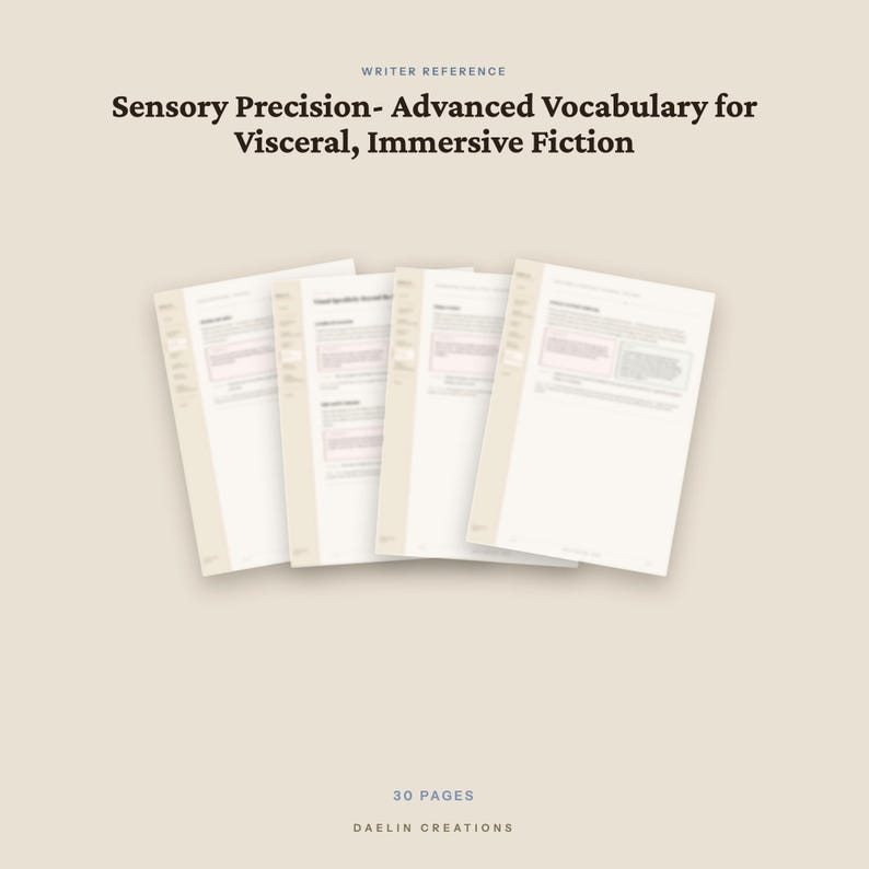 May include: A set of four white pages with text, titled Sensory Precision- Advanced Vocabulary for Visceral, Immersive Fiction. The document includes 30 pages and is labeled Daelin Creations. The pages are arranged in a fan-like display.