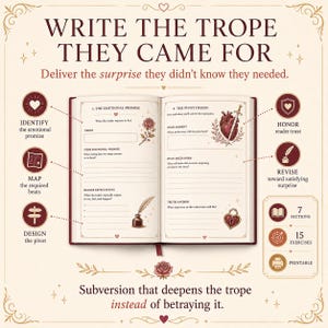 Pode incluir: Um caderno de exerc&iacute;cios aberto intitulado WRITE THE TROPE THEY CAME FOR com se&ccedil;&otilde;es para The Emotional Promise e The Pivot Design. Apresenta ilustra&ccedil;&otilde;es de uma rosa, um cora&ccedil;&atilde;o com espada, uma pena e um cadeado, al&eacute;m de 7 se&ccedil;&otilde;es e 15 exerc&iacute;cios.