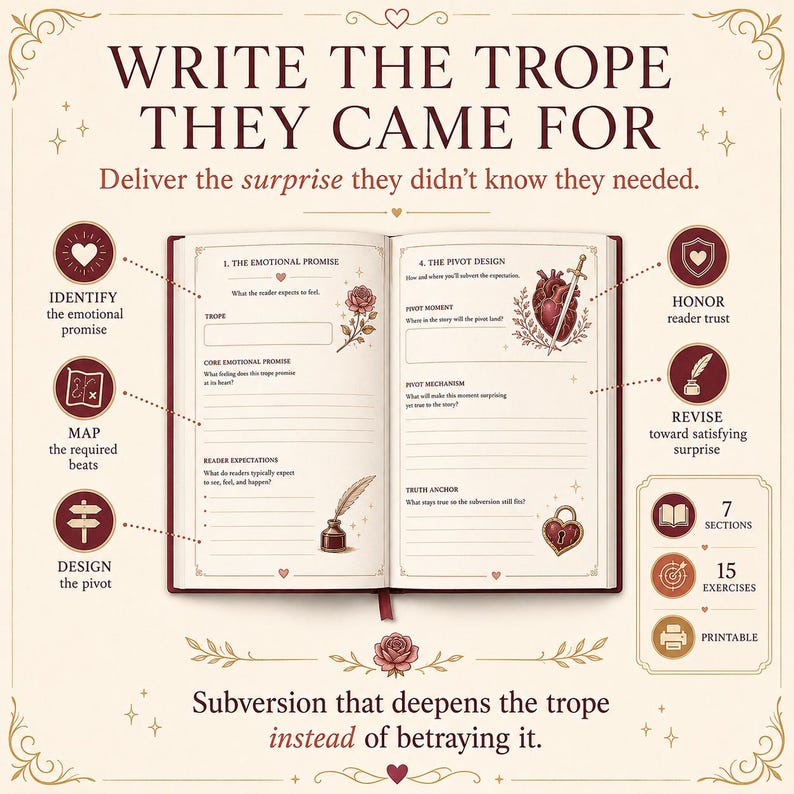 Pode incluir: Um caderno de exerc&iacute;cios aberto intitulado WRITE THE TROPE THEY CAME FOR com se&ccedil;&otilde;es para The Emotional Promise e The Pivot Design. Apresenta ilustra&ccedil;&otilde;es de uma rosa, um cora&ccedil;&atilde;o com espada, uma pena e um cadeado, al&eacute;m de 7 se&ccedil;&otilde;es e 15 exerc&iacute;cios.
