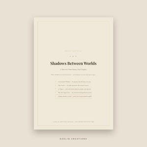 May include: A beige document template titled Shadows Between Worlds, A Three-Act Urban Fantasy Novel Template. It includes sections for Customization Workbook, Plot Anchors, Chapters, Why This Chapter Exists, and Common Mistakes to Avoid.