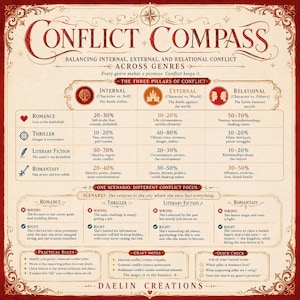 Pode incluir: Uma infografia intitulada "Conflict Compass: Balancing Internal, External, and Relational Conflict Across Genres". Apresenta tabelas detalhando os pilares de conflito para os g&ecirc;neros romance, thriller, fic&ccedil;&atilde;o liter&aacute;ria e romantasy.