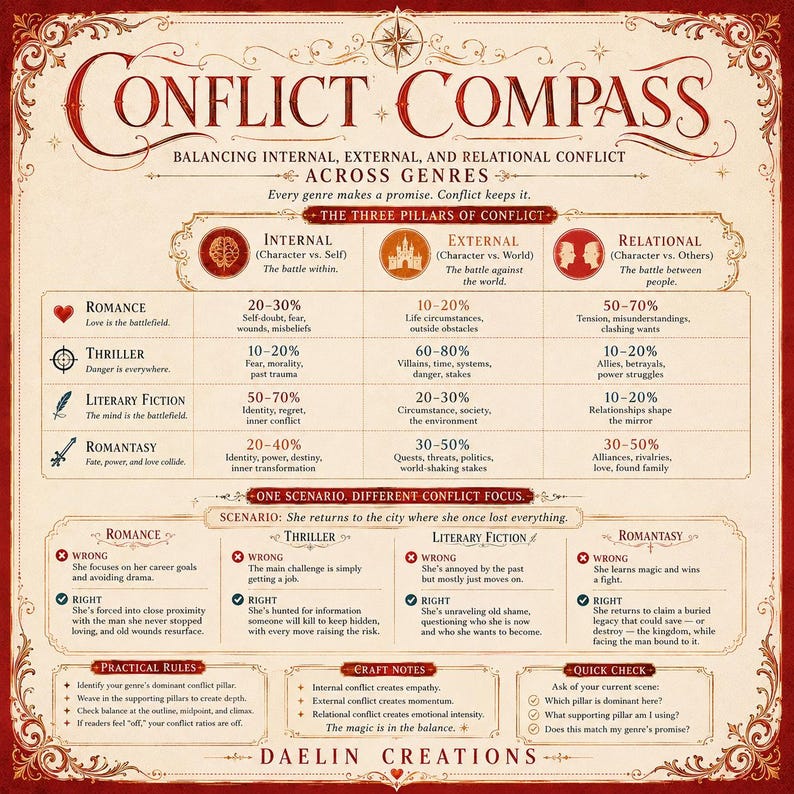 Pode incluir: Uma infografia intitulada "Conflict Compass: Balancing Internal, External, and Relational Conflict Across Genres". Apresenta tabelas detalhando os pilares de conflito para os g&ecirc;neros romance, thriller, fic&ccedil;&atilde;o liter&aacute;ria e romantasy.