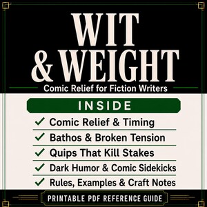 May include: A printable PDF reference guide titled WIT & WEIGHT: Comic Relief for Fiction Writers. The document lists contents including Comic Relief & Timing, Bathos & Broken Tension, Quips That Kill Stakes, Dark Humor & Comic Sidekicks, and Rules, Examples & Craft Notes.