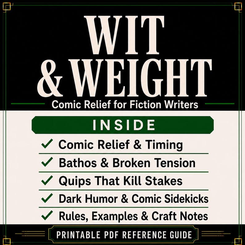 May include: A printable PDF reference guide titled WIT & WEIGHT: Comic Relief for Fiction Writers. The document lists contents including Comic Relief & Timing, Bathos & Broken Tension, Quips That Kill Stakes, Dark Humor & Comic Sidekicks, and Rules, Examples & Craft Notes.