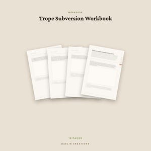 Pode incluir: Um caderno de exerc&iacute;cios Trope Subversion Workbook de 18 p&aacute;ginas da Daelin Creations. O documento apresenta uma s&eacute;rie de folhas de papel branco com texto impresso e se&ccedil;&otilde;es estruturadas, exibidas contra um fundo bege claro s&oacute;lido.