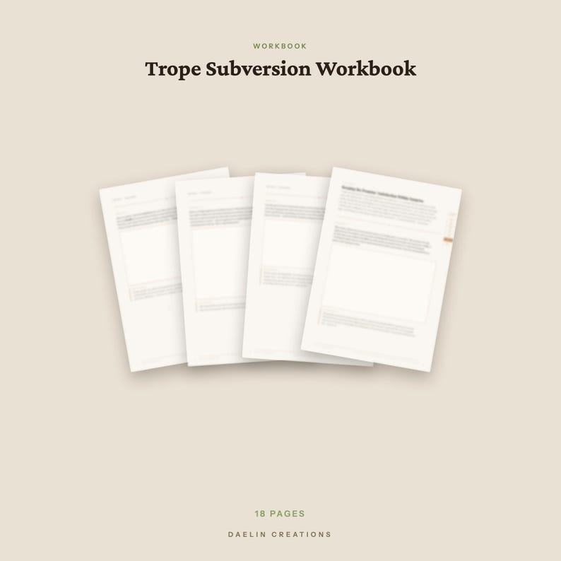 Pode incluir: Um caderno de exerc&iacute;cios Trope Subversion Workbook de 18 p&aacute;ginas da Daelin Creations. O documento apresenta uma s&eacute;rie de folhas de papel branco com texto impresso e se&ccedil;&otilde;es estruturadas, exibidas contra um fundo bege claro s&oacute;lido.