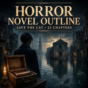 May include: A digital graphic titled HORROR NOVEL OUTLINE SAVE THE CAT 25 CHAPTERS. It features a dark, atmospheric scene of a person looking toward a flooded city with a church, a lit candle, and an open wooden box containing a scroll.