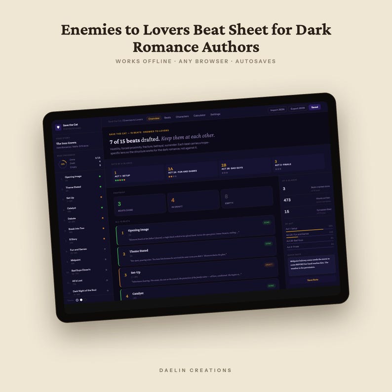 Enemies to Lovers Beat Sheet • Save the Cat Plotting Dashboard (Digital Download) image 6
