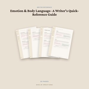 Pu&ograve; includere: Una guida di riferimento digitale intitolata Emotion & Body Language- A Writer's Quick-Reference Guide, con quattro pagine bianche sovrapposte con testo nero ed evidenziazioni rosa, per un totale di 25 pagine di Daelin Creations su sfondo beige.