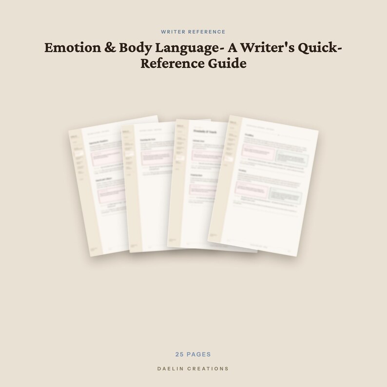 Pu&ograve; includere: Una guida di riferimento digitale intitolata Emotion & Body Language- A Writer's Quick-Reference Guide, con quattro pagine bianche sovrapposte con testo nero ed evidenziazioni rosa, per un totale di 25 pagine di Daelin Creations su sfondo beige.
