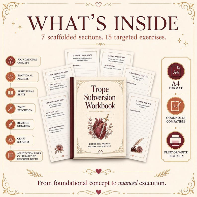 Pode incluir: Um Trope Subversion Workbook com um livro central apresentando uma ilustra&ccedil;&atilde;o de cora&ccedil;&atilde;o e espada, cercado por sete p&aacute;ginas de exerc&iacute;cios. O texto inclui 'WHAT'S INSIDE', '7 scaffolded sections', '15 targeted exercises' e 'A4 FORMAT'.