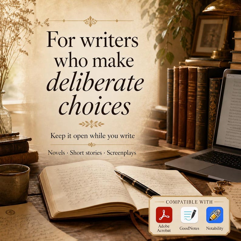 May include: An open notebook with a fountain pen on a wooden desk, featuring the text: For writers who make deliberate choices. Keep it open while you write. Novels, Short stories, Screenplays. Includes a compatibility box for Adobe Acrobat, GoodNotes, and Notability.
