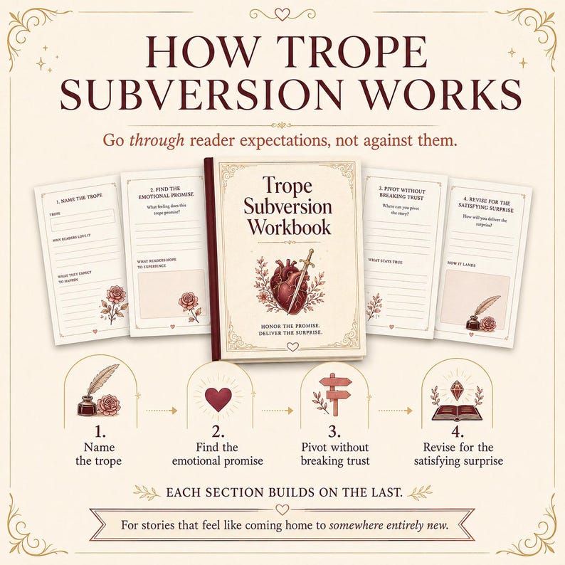 Pode incluir: Um Trope Subversion Workbook com um livro central apresentando uma ilustra&ccedil;&atilde;o de cora&ccedil;&atilde;o e espada, cercado por quatro p&aacute;ginas de caderno abertas e quatro &iacute;cones circulares representando os passos: nomear o tropo, encontrar a promessa, girar e revisar.