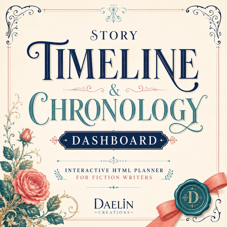May include: A digital planner cover titled Story Timeline & Chronology Dashboard, Interactive HTML Planner for Fiction Writers by Daelin Creations. The design features dark blue and teal text, a pink rose illustration, and a teal wax seal with a ribbon.