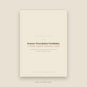 May include: A rectangular reference guide with a cream-colored background and black and tan text. The title reads Sensory Description Vocabulary A Writer's Quick-Reference Guide, followed by a subtitle about precise words for sight, sound, smell, taste, and touch.