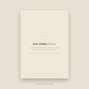 Pu&ograve; includere: Una pagina di pianificatore digitale beige intitolata Story Outline Planner. Il testo include An annotatable beat-by-beat skeleton for the story only you can write&mdash;built on Seven Point Story Structure, shaped for Bodyguard in Dark Romance.
