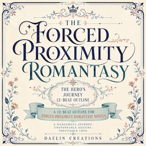 May include: A square graphic print featuring the text THE FORCED PROXIMITY ROMANTASY, THE HERO'S JOURNEY 12-BEAT OUTLINE, A 12-BEAT OUTLINE FOR FORCED PROXIMITY ROMANTASY NOVELS, A DANGEROUS JOURNEY, UNSTOPPABLE DESTINY, INEVITABLE LOVE, and DAELIN CREATIONS.
