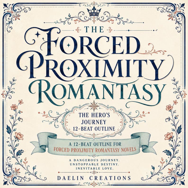 May include: A square graphic print featuring the text THE FORCED PROXIMITY ROMANTASY, THE HERO'S JOURNEY 12-BEAT OUTLINE, A 12-BEAT OUTLINE FOR FORCED PROXIMITY ROMANTASY NOVELS, A DANGEROUS JOURNEY, UNSTOPPABLE DESTINY, INEVITABLE LOVE, and DAELIN CREATIONS.