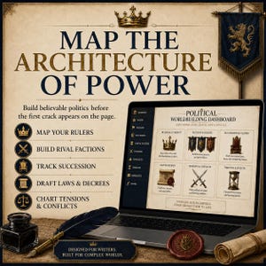 May include: A digital dashboard displayed on a laptop screen titled Political Worldbuilding Dashboard, featuring sections for rulers, factions, succession, laws, tensions, and timelines. A quill pen, inkwell, and wax seal are placed on the desk surface.