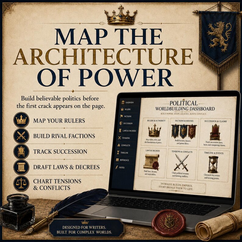May include: A digital dashboard displayed on a laptop screen titled Political Worldbuilding Dashboard, featuring sections for rulers, factions, succession, laws, tensions, and timelines. A quill pen, inkwell, and wax seal are placed on the desk surface.
