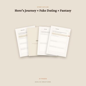 May include: A digital story outline template featuring the text Hero's Journey x Fake Dating x Fantasy at the top and 21 PAGES DAELIN CREATIONS at the bottom. The image displays four overlapping white document pages with structured sections and light beige accents.
