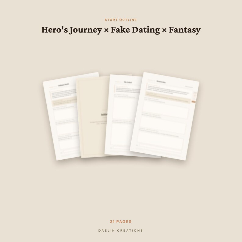 May include: A digital story outline template featuring the text Hero's Journey x Fake Dating x Fantasy at the top and 21 PAGES DAELIN CREATIONS at the bottom. The image displays four overlapping white document pages with structured sections and light beige accents.