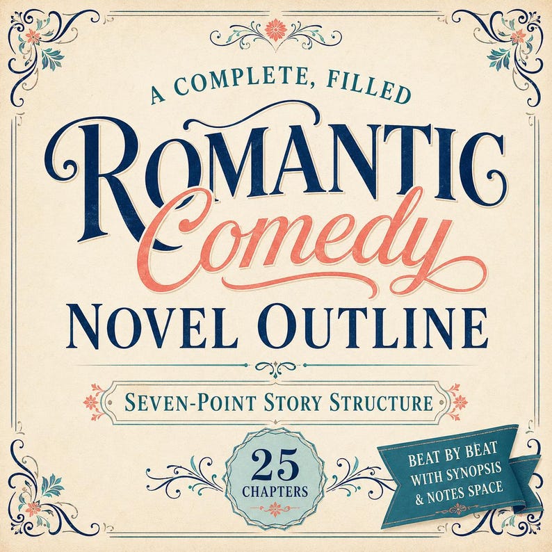 Puede incluir: Una cubierta de documento cuadrada con fondo crema y texto en azul oscuro y coral que dice A COMPLETE, FILLED ROMANTIC COMEDY NOVEL OUTLINE, SEVEN-POINT STORY STRUCTURE, 25 CHAPTERS, y BEAT BY BEAT WITH SYNOPSIS & NOTES SPACE, enmarcada por adornos florales.