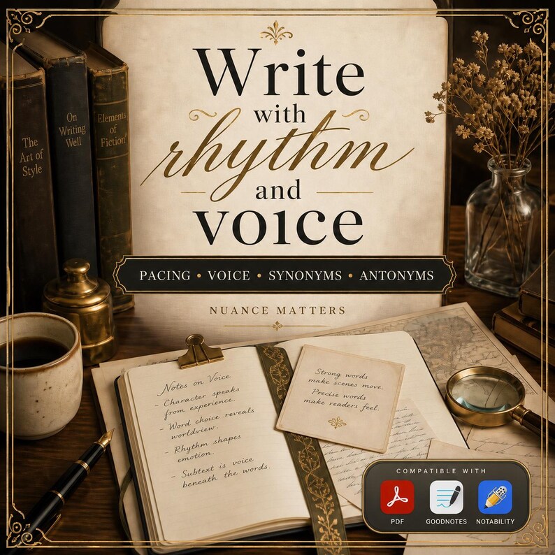 May include: A writing guide titled Write with rhythm and voice featuring the subtitle Pacing, Voice, Synonyms, Antonyms and Nuance Matters. The open notebook displays handwritten notes on voice, a magnifying glass, a fountain pen, and a coffee cup.