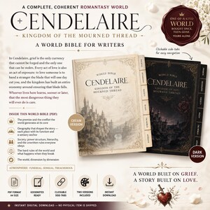 Może przedstawiać: Dwa cyfrowe przewodniki do budowania świata zatytułowane Cendelaire: Kingdom of the Mourned Thread, jeden w kolorze kremowym, drugi w ciemnoszarym. Oba mają złote obramowania, ilustracje zamk&oacute;w i klikalne zakładki: Premise, Geography, Society, Rules, The World, Appendix. Tekst zawiera opis zawartości, format PDF i rozmiar A4.
