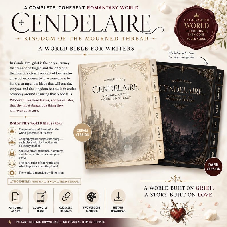 Może przedstawiać: Dwa cyfrowe przewodniki do budowania świata zatytułowane Cendelaire: Kingdom of the Mourned Thread, jeden w kolorze kremowym, drugi w ciemnoszarym. Oba mają złote obramowania, ilustracje zamk&oacute;w i klikalne zakładki: Premise, Geography, Society, Rules, The World, Appendix. Tekst zawiera opis zawartości, format PDF i rozmiar A4.