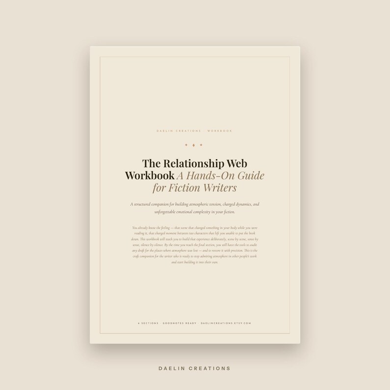 Op de afbeelding: Een beige werkboekomslag met de titel The Relationship Web Workbook A Hands-On Guide for Fiction Writers. De tekst bevat een beschrijving van de inhoud, vermeldt 4 secties, Goodnotes ready en de merknaam Daelin Creations.