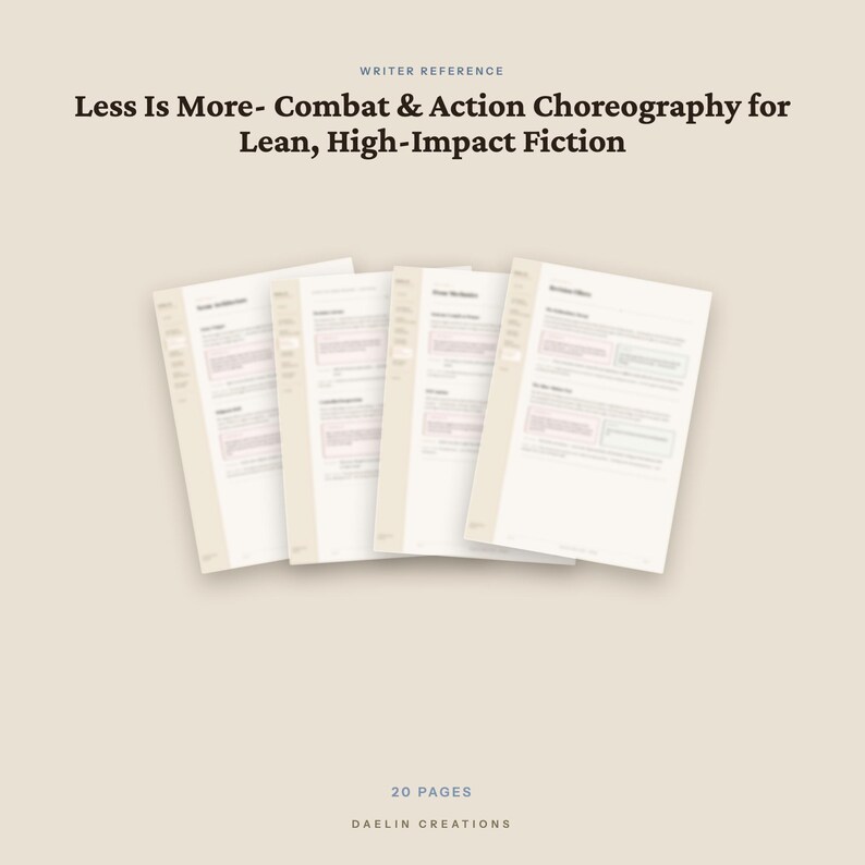 May include: A set of four white document pages featuring the title "Less Is More- Combat & Action Choreography for Lean, High-Impact Fiction" at the top, with "20 PAGES" and "DAELIN CREATIONS" printed at the bottom in a neutral beige background.