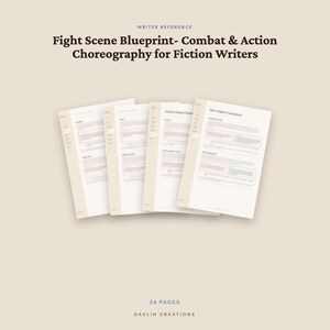 May include: A digital document titled Fight Scene Blueprint- Combat & Action Choreography for Fiction Writers, featuring four overlapping pages with text and headers. The document contains 24 pages and is branded by Daelin Creations.