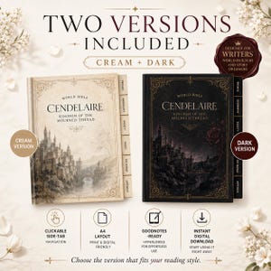 Może przedstawiać: Dwa cyfrowe dzienniki do budowania świata zatytułowane Cendelaire: Kingdom of the Mourned Thread, jeden w kolorze kremowym, a drugi w ciemnym, z ozdobnymi obramowaniami, ilustracjami zamk&oacute;w i nawigacją z bocznymi zakładkami dla założeń, geografii, społeczeństwa, zasad i załącznika.