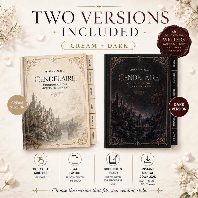 Może przedstawiać: Dwa cyfrowe dzienniki do budowania świata zatytułowane Cendelaire: Kingdom of the Mourned Thread, jeden w kolorze kremowym, a drugi w ciemnym, z ozdobnymi obramowaniami, ilustracjami zamk&oacute;w i nawigacją z bocznymi zakładkami dla założeń, geografii, społeczeństwa, zasad i załącznika.