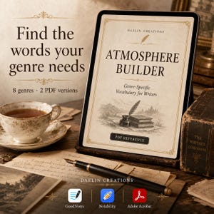 May include: A digital tablet displays "ATMOSPHERE BUILDER" with "Genre-Specific Vocabulary for Writers." The image includes a teacup, pen, and the text "Find the words your genre needs." The tablet is propped up with a vintage book.