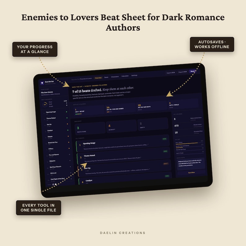 Enemies to Lovers Beat Sheet • Save the Cat Plotting Dashboard (Digital Download) image 7