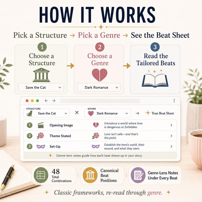 May include: An infographic titled HOW IT WORKS showing a three-step process to pick a structure and genre to see a beat sheet. It features icons for Save the Cat, Dark Romance, and a list of story beats like Opening Image, Theme Stated, and Set-Up.