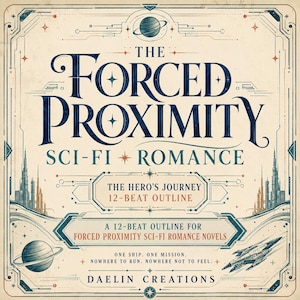May include: A square graphic featuring the title The Forced Proximity Sci-Fi Romance, The Hero's Journey 12-Beat Outline, and A 12-Beat Outline for Forced Proximity Sci-Fi Romance Novels. Includes illustrations of a planet, spaceship, and city skyline.