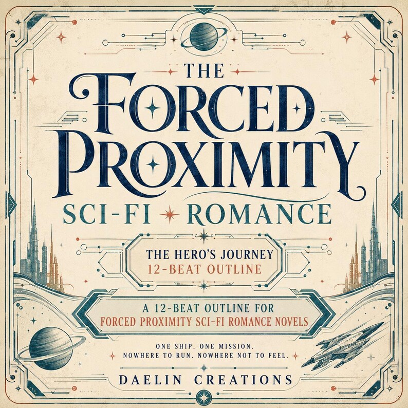 May include: A square graphic featuring the title The Forced Proximity Sci-Fi Romance, The Hero's Journey 12-Beat Outline, and A 12-Beat Outline for Forced Proximity Sci-Fi Romance Novels. Includes illustrations of a planet, spaceship, and city skyline.
