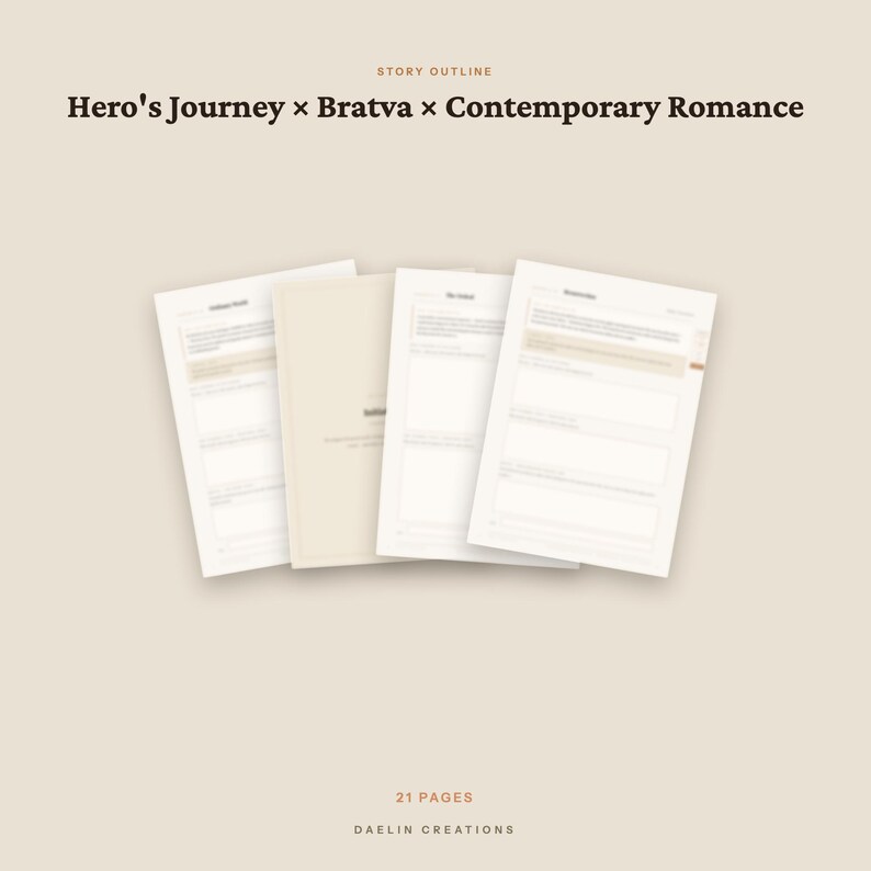 May include: A digital story outline template for a Bratva contemporary romance novel. The document features the text Hero's Journey x Bratva x Contemporary Romance at the top and 21 PAGES by DAELIN CREATIONS at the bottom, with four white pages.