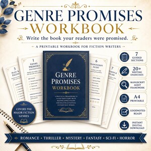 May include: A Genre Promises Workbook for fiction writers with a dark blue cover featuring gold text and an inkwell illustration. The workbook includes seven guided sections, twenty writing exercises, a manuscript audit framework, and A4 printable pages.