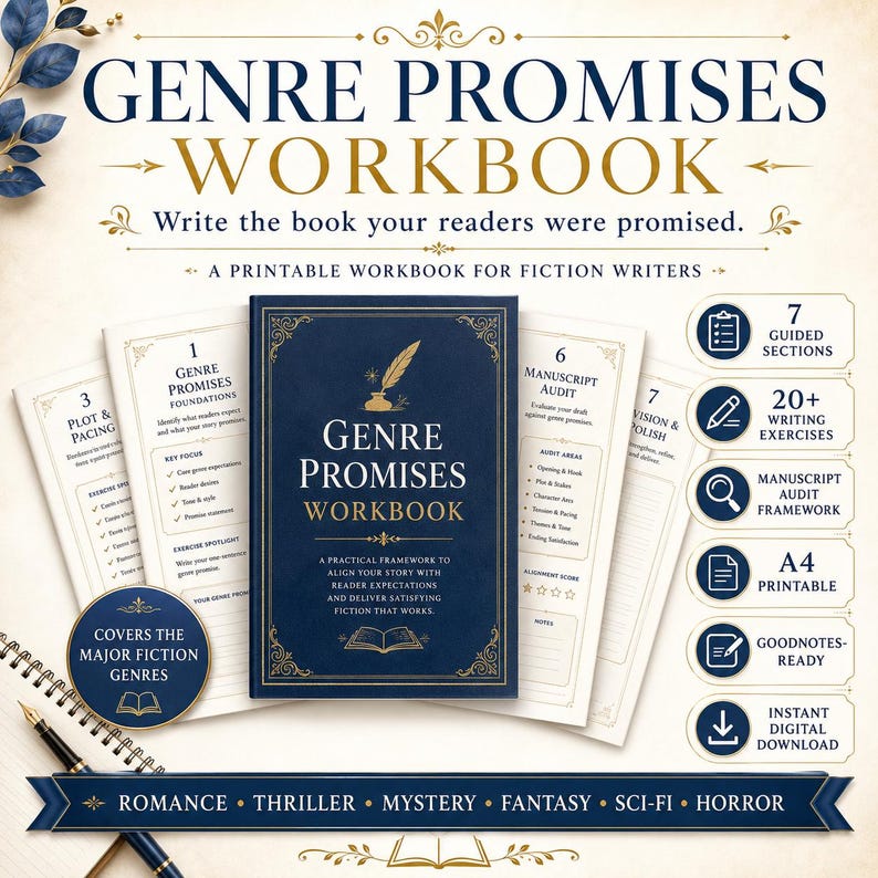 May include: A Genre Promises Workbook for fiction writers with a dark blue cover featuring gold text and an inkwell illustration. The workbook includes seven guided sections, twenty writing exercises, a manuscript audit framework, and A4 printable pages.