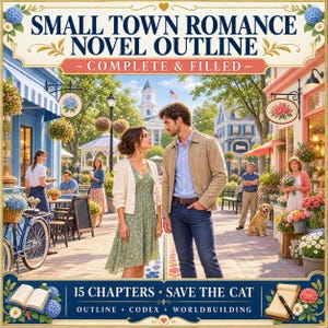 May include: A digital graphic titled Small Town Romance Novel Outline Complete & Filled. It features a couple standing on a town street with shops, flowers, and a clock tower. The bottom text reads 15 Chapters, Save The Cat, Outline, Codex, Worldbuilding.