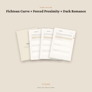 May include: A set of 15 pages for a story outline featuring the text Fichtean Curve x Forced Proximity x Dark Romance at the top and Daelin Creations at the bottom. The document includes three visible white sheets with structured text fields.