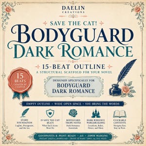 Puede incluir: Una plantilla de escritura digital titulada Save the Cat! Bodyguard Dark Romance 15-Beat Outline de Daelin Creations. El documento presenta una est&eacute;tica vintage con una pluma, un tintero y rosas, detallando ritmos narrativos, mundos y tropos.