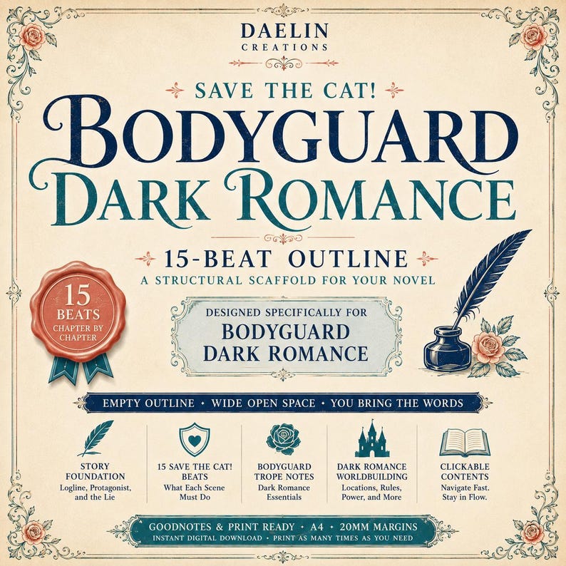 Puede incluir: Una plantilla de escritura digital titulada Save the Cat! Bodyguard Dark Romance 15-Beat Outline de Daelin Creations. El documento presenta una est&eacute;tica vintage con una pluma, un tintero y rosas, detallando ritmos narrativos, mundos y tropos.